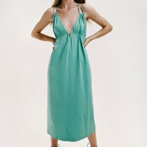 Womens Cotton Midi Dress Deep V-Neck Strappy Crisscross Back Size S